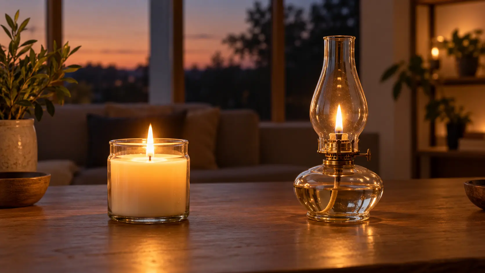 Bougie en pot et lampe à huile en verre allumées sur une table dégagée